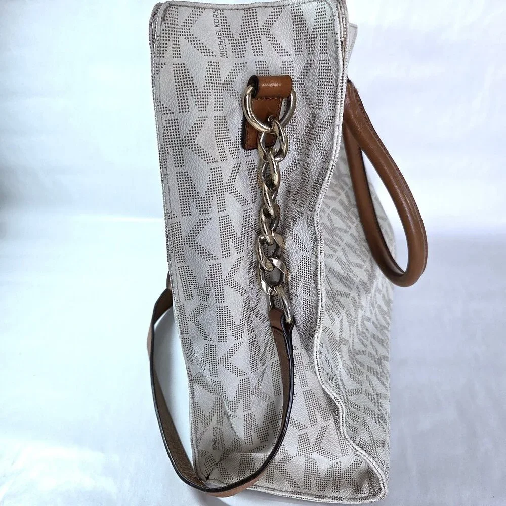 Michael Kors Hamilton White & Brown Leather Satchel Shoulder Bag